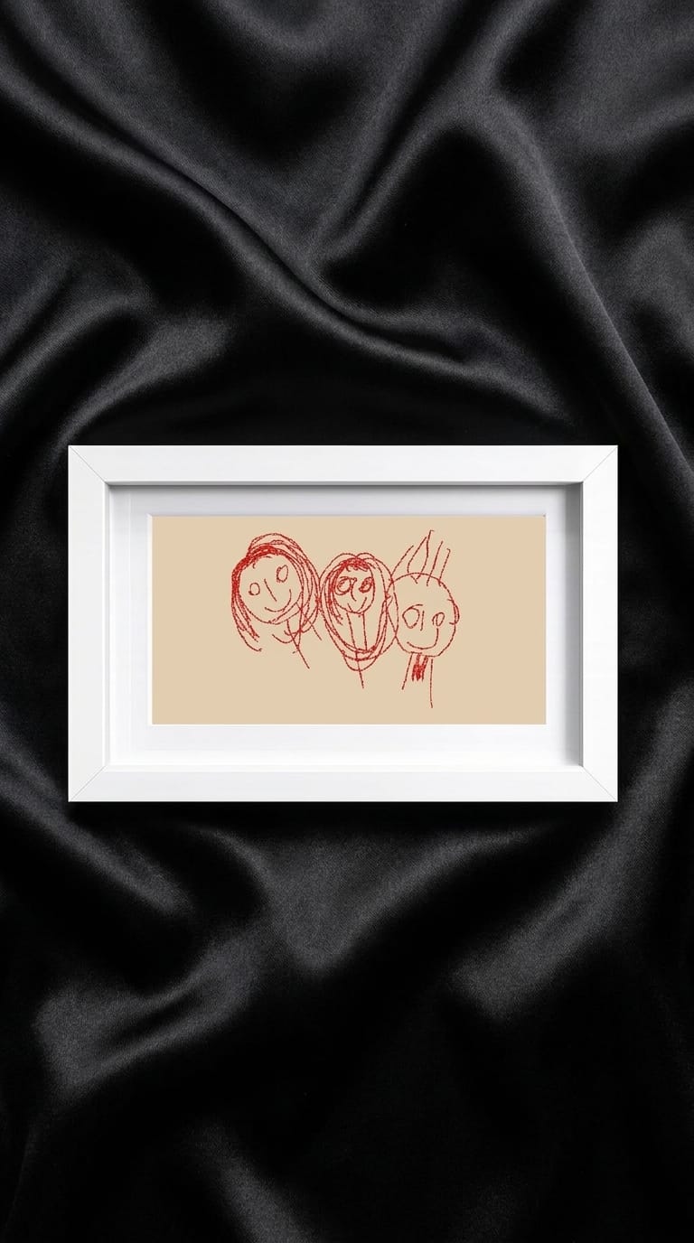 A child's drawing stitched in red thread in a white frame
